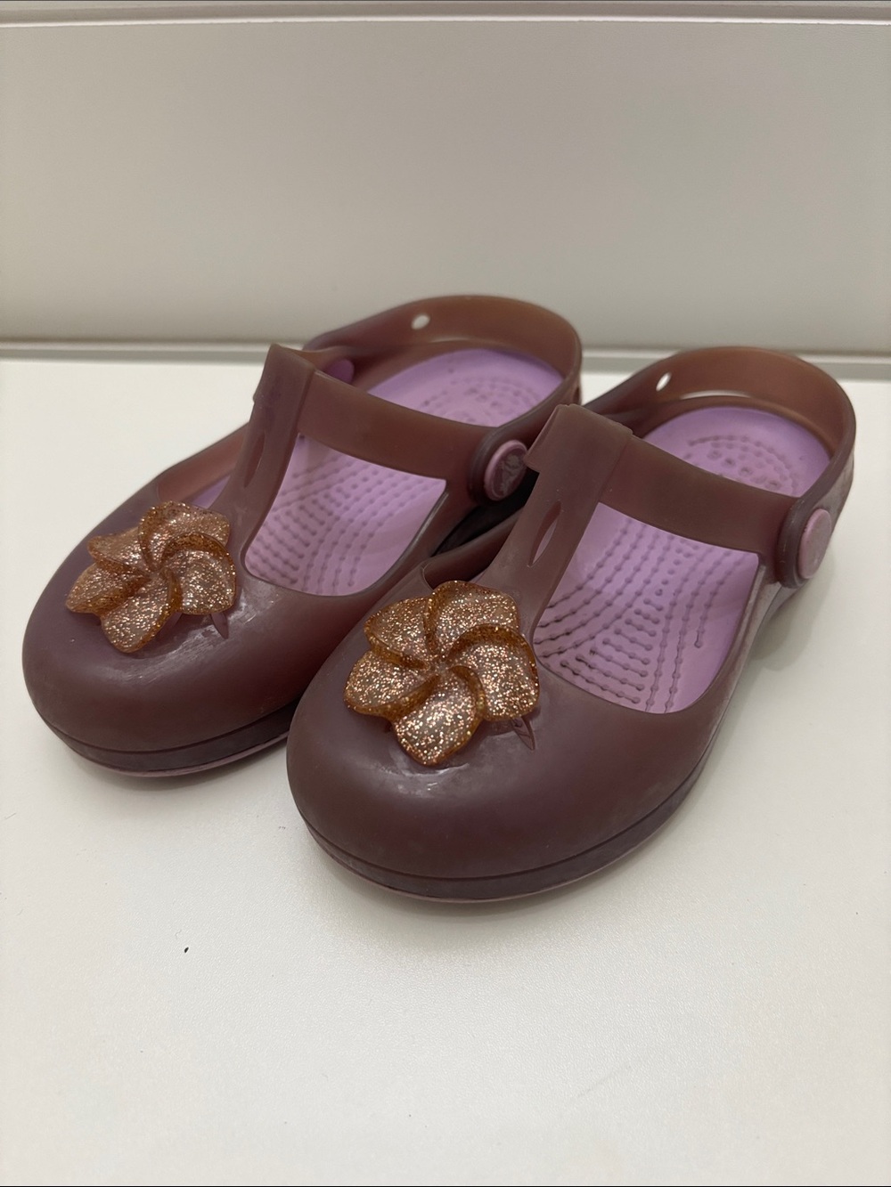 CROCS Girls' Mauve/Purple Mary Jane Sandals with Glitter Flower
